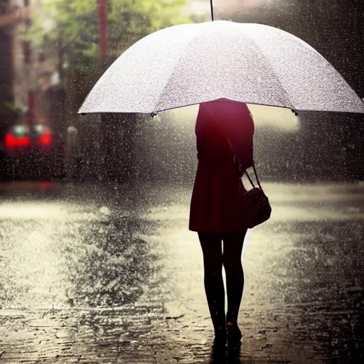 Prompt: heavy rain and a girl with an umbrella searching the sun