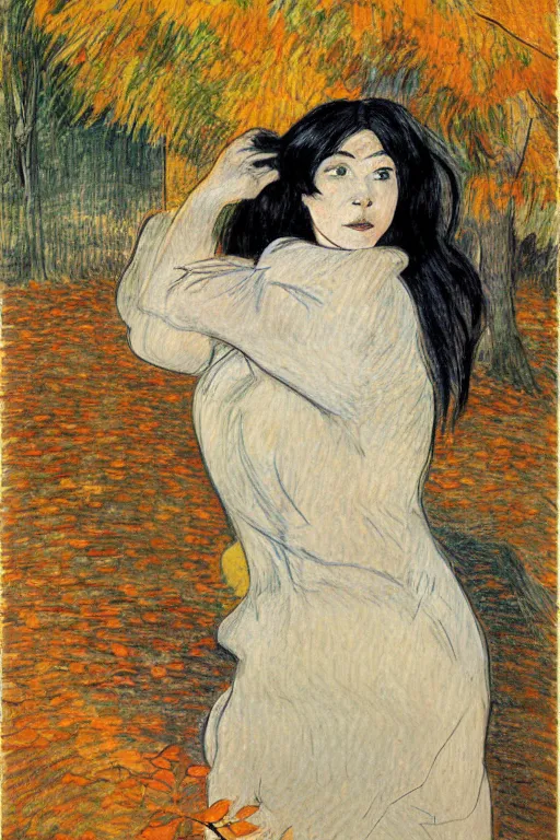 Prompt: young woman's face surrounded by Autumn leaves, long black hair, pale skin, symmetrical face, photorealism, 4k, dramatic lightning, by Toulouse-Lautrec,