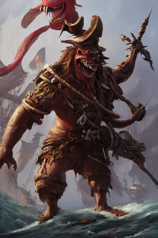 Image similar to a professional digital painting of a monster pirate with many jaws, full body, concept art, sharp detail, focused, illustration, smooth render, pirate ship in background, art style by Ruan Jia and Mandy Jurgens and Ian Spriggs and William-Adolphe Bouguerea