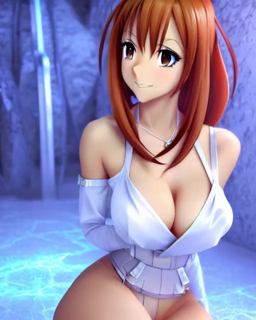 Prompt: pinup photo of asuna from sao in ice dungeon, asuna by a - 1 pictures, by gil elvgren, glossy skin, pearlescent, anime, very coherent, maxim magazine, 3 d, vray, unreal 5, octave rendey, maya, cgsociety