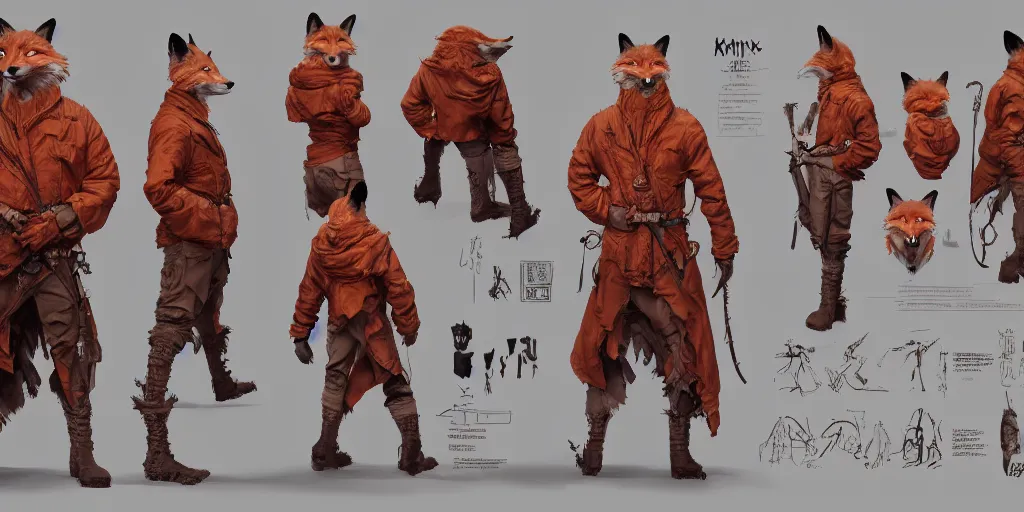 Image similar to man with the face of a fox, character sheet, concept design, contrast, hot toys, kim jung gi, greg rutkowski, zabrocki, karlkka, jayison devadas, trending on artstation, 8 k, ultra wide angle, pincushion lens effect