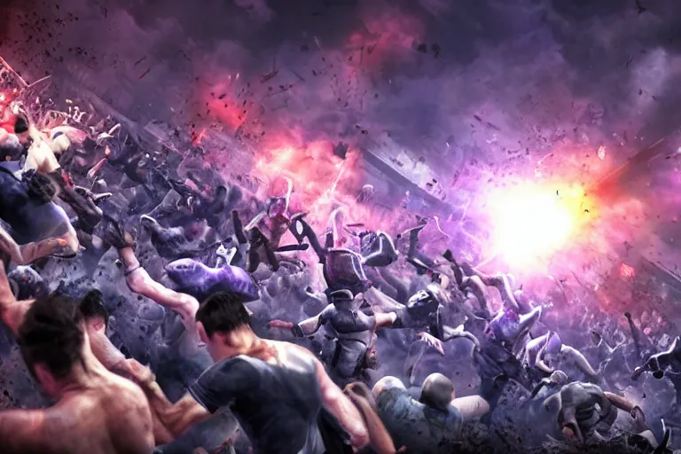 Prompt: a photo of a twitch streamer fighting off a horde of angry viewers, live on stream, photorealistic, 8 k, twitch background