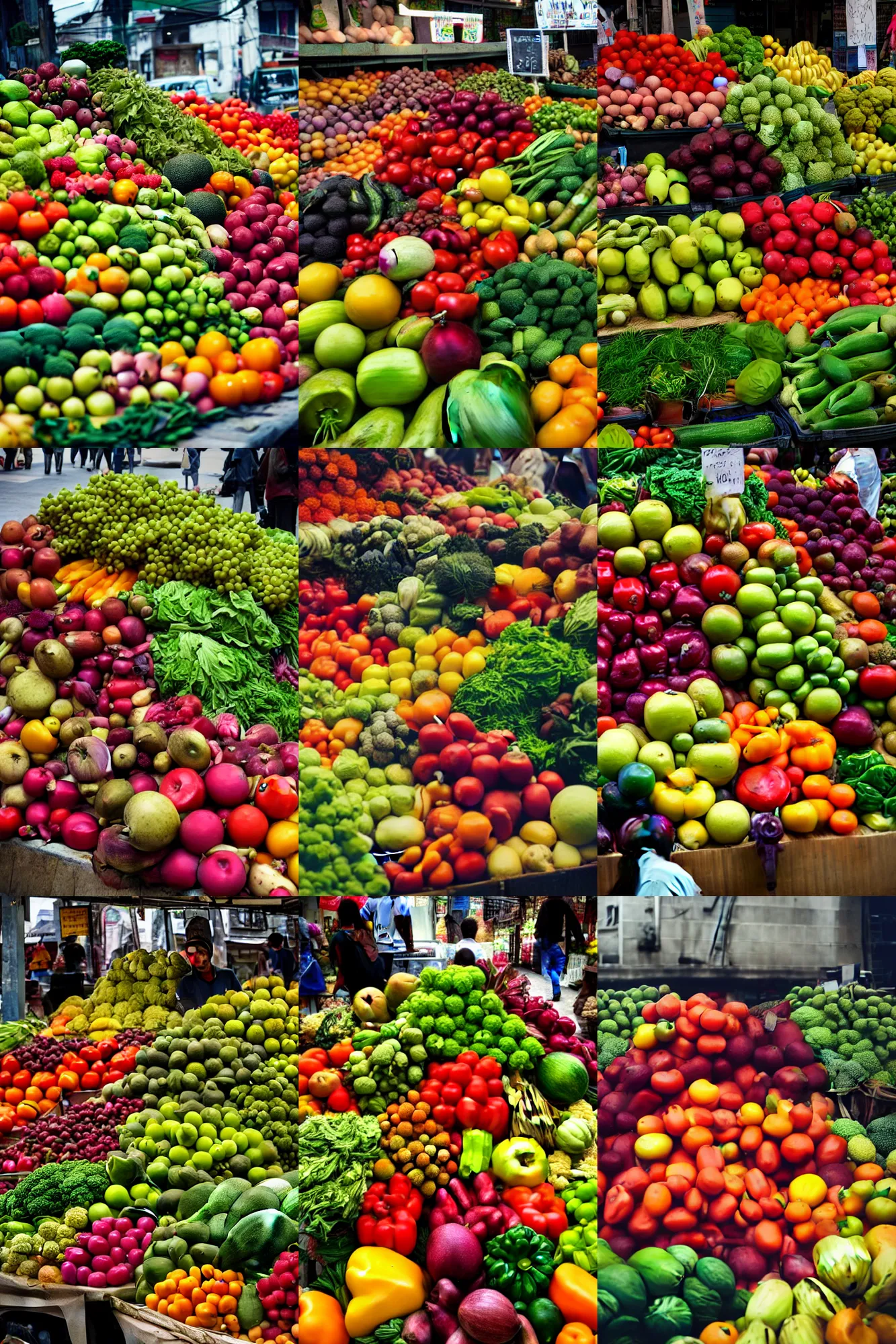 Prompt: vegetable market, a pile of fruits that looks like a llama face, street photography, artstation