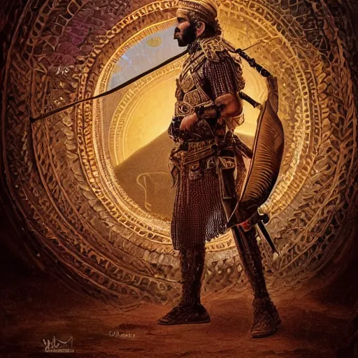 Image similar to “ full body, afghan warrior, an afghan male type, standing in - front of the kaa ’ ba, highly intricate detailed, light and shadow effects, intricate, highly detailed, digital painting, art station, concept art, smooth, sharp focus, illustration, advanced digital art, atmospheric lighting, detailed face, 8 k, hq ”