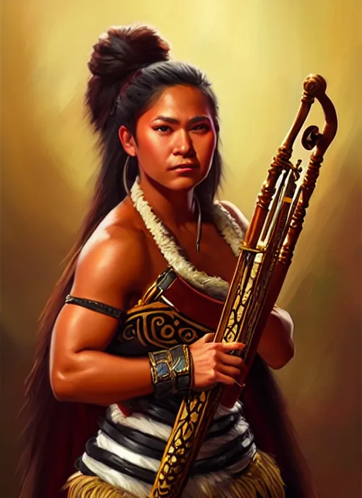 Prompt: a _ fantasy _ style _ portrait _ painting _ of samoan female charismatic bard playing instrument, rpg dnd oil _ painting _ unreal _ 5 _ daz. _ rpg _ portrait _ extremely _ detailed _ artgerm _ greg _ rutkowski _ greg