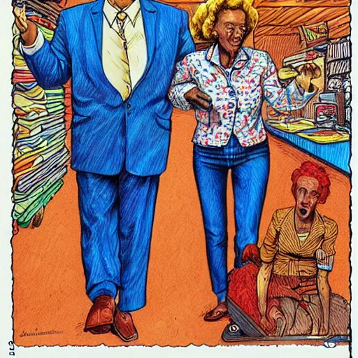 Image similar to The Artwork of R. Crumb and his Cheap Suit Aunt Jamima tells you to eat pancakes and syrup, pencil and colored marker artwork, trailer-trash lifestyle