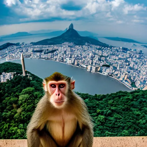 Prompt: high quality portrait of a monkey in front of Christ The Redeemer, studio photograph, photograph, realistic photo, 8k photo, 4k photo, stock photo, high resolution, cinematic shot, high detail