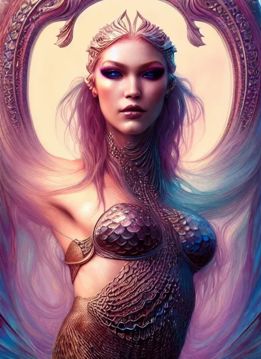 Prompt: portrait of mermaid warrior, intricate, sharp focus, octane render, detailed, beautiful, unreal engine, symmetrical!!, loreal, maybelline, sephora, loreal, artstation, art by karol bak, art by artgerm, rossdraws, makeup by pat mcgrath, cinematic, concept art, filmic, vsco