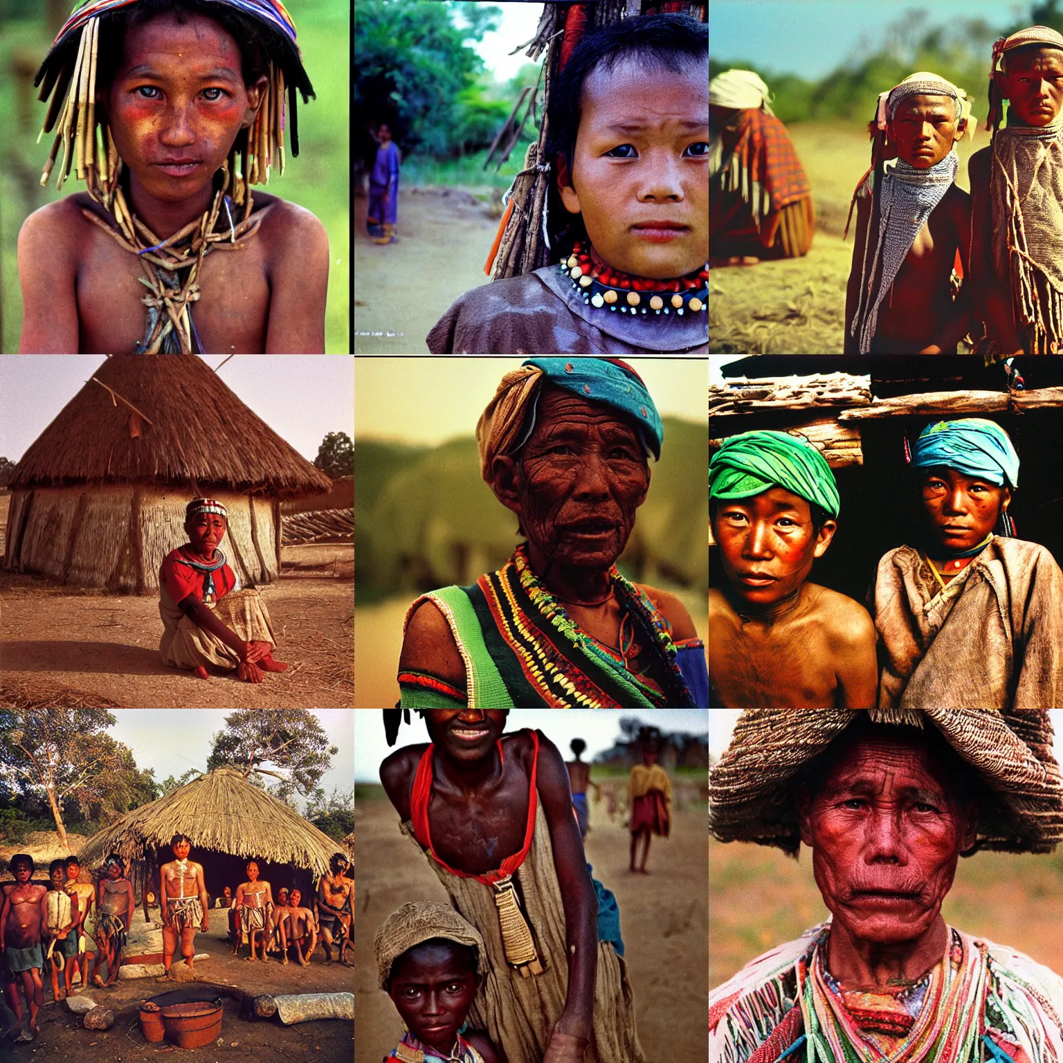 Prompt: a long - shot, color travel photograph portrait of a tribe village, day lighting, 1 9 9 0 photo from photograph magazine.