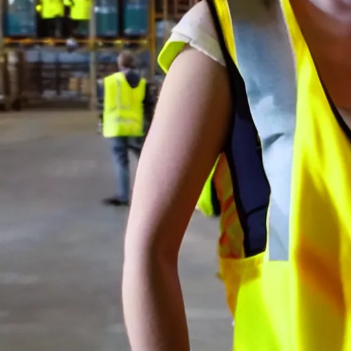 Image similar to photo, close up, emma watson in a hi vis vest, in warehouse, android cameraphone, film noise, 2 6 mm,