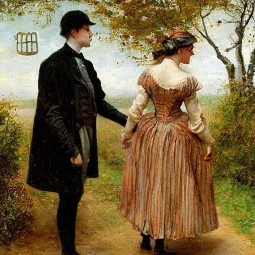 Prompt: young victorian man and woman adventuring in a maze, painted by alfred stevens