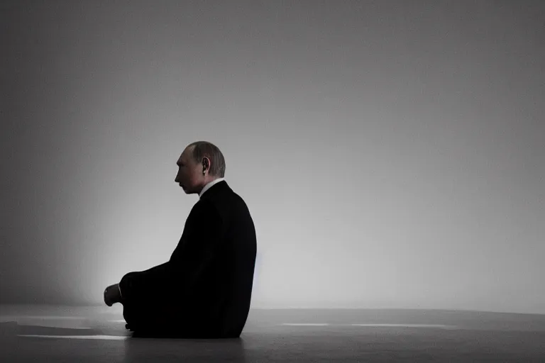 Image similar to a medium low angle shot of Vladimir putin sitting in squat position, looking at the camera, lit from below, shot from below, squatting, 8k, black background