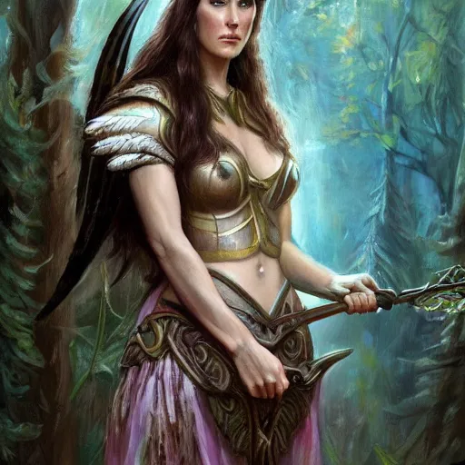 Image similar to A beautiful detailed painting of jennifer connelly as a female angel warrior in a magical forest by john sargent and Kalin Popov , Trending on artstation HD.