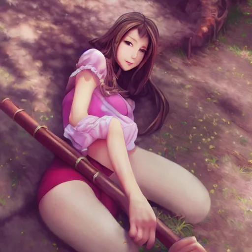 Image similar to full body shot of aerith gainsborough by WLOP, rossdraws, Logan Cure, Mingchen Shen, BangkuART, sakimichan, yan gisuka, JeonSeok Lee, zeronis, Chengwei Pan on artstation