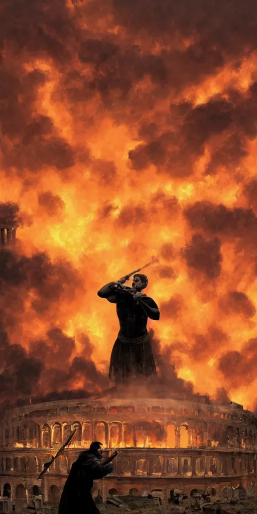 Image similar to black silhouette realistic painting of roman emperor nero as a dwarf playing the flute while roman structures are on fire in background, hyper realistic, 8 k resolution, roman amphitheater and skyline of ancient rome is on fire, red skies, smoke billows over the horizon, cans of spinach are falling from space