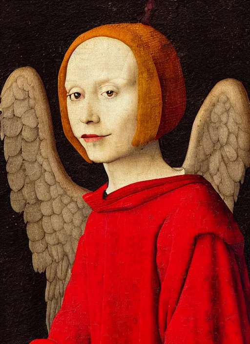 Image similar to fallen angel dressed in red with wings by Jan van Eyck, Hieronymus Bosch, Johannes Vermeer 4k post-processing, highly detailed medieval painting