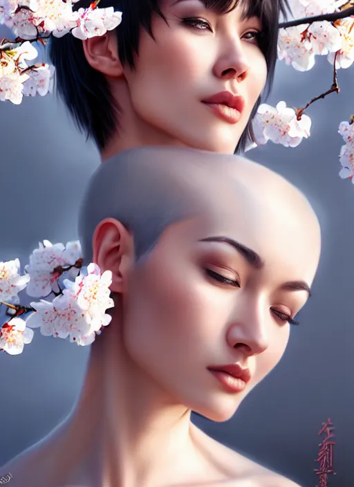 Image similar to photo of a gorgeous female with short gray hair in the style of stefan kostic, realistic, body shot, sharp focus, 8 k high definition, insanely detailed, intricate, elegant, art by stanley lau and artgerm, cherry blossoms