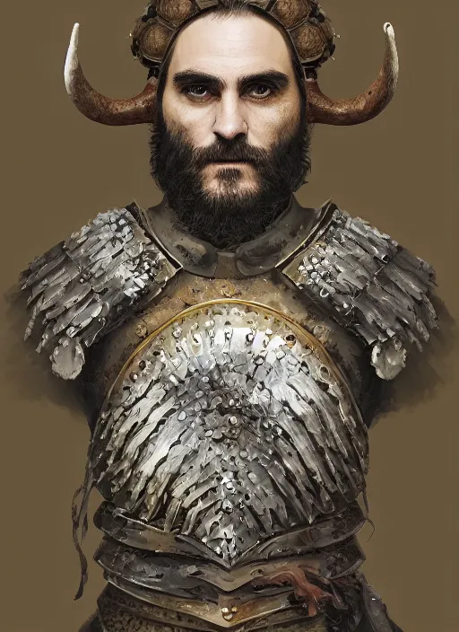 Image similar to digital painting of joaquin phoenix wearing armor made of animals, cow horns, pig nose, sheep wool, chicken feather armor, majestic, by anna podedworna and miklos ligeti, diego maricato, taran fiddler, antonino truisi, chris reddie, jinsung lim, on artstation