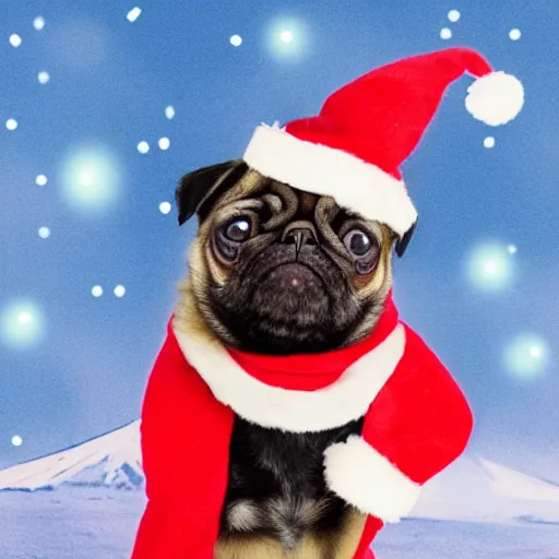 Prompt: a pug in a christmas costume flying a plane into an erupting volcano