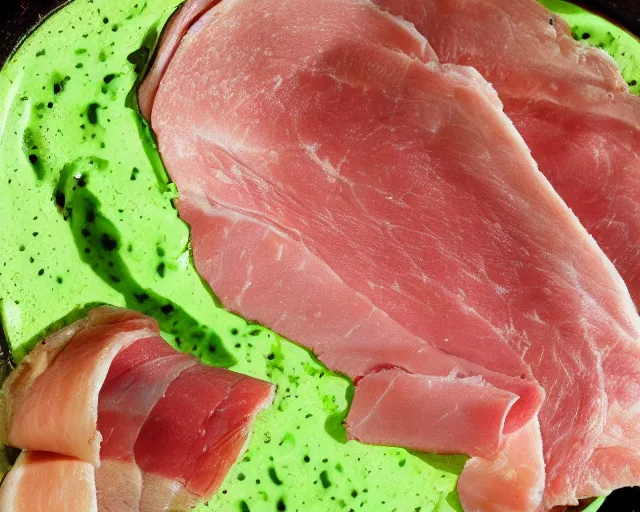 Prompt: Green eggs and ham. A healthy shade of green for eggs and meat. Fresh, cooked, scrumptious!