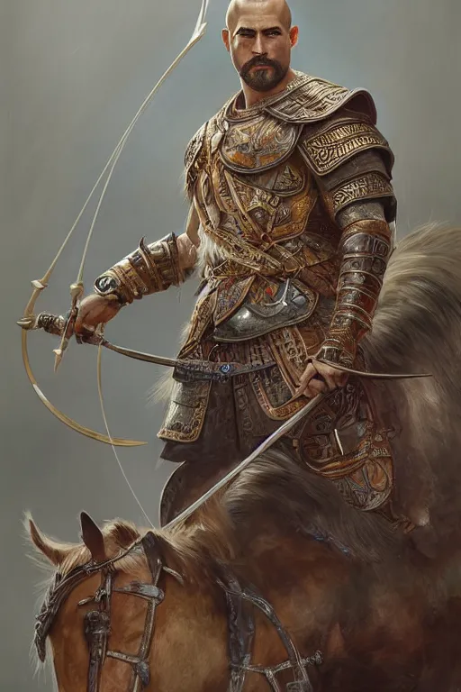 Prompt: burak ozcivit ultra realistic illustration, mongol horse archer warrior in style armor from 1 9 3 2, sci - fi, fantasy, intricate, elegant, highly detailed, digital painting, artstation, god of war, concept art, smooth, sharp focus, illustration, art by artgerm and greg rutkowski and alphonse mucha