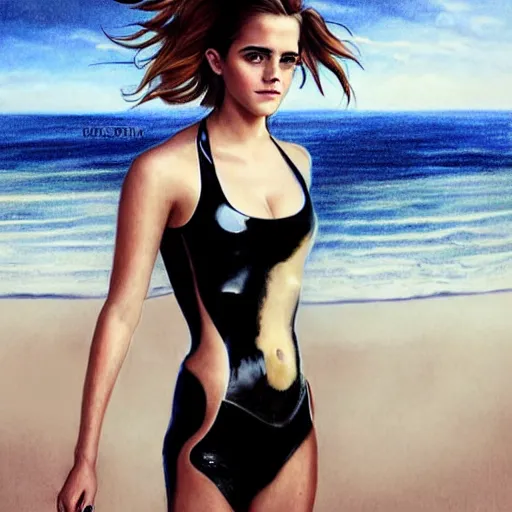 Prompt: pencil drawing of emma watson wearing a latex suit in a beach, beautiful piercing eyes, hyper realistic face, in the style of greg rutkowski, fantasy, amazing detail, epic, elegant, smooth