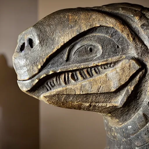 Image similar to ancient Irish, iron age, photo of stone carved statue of a dinosaur, in museum room