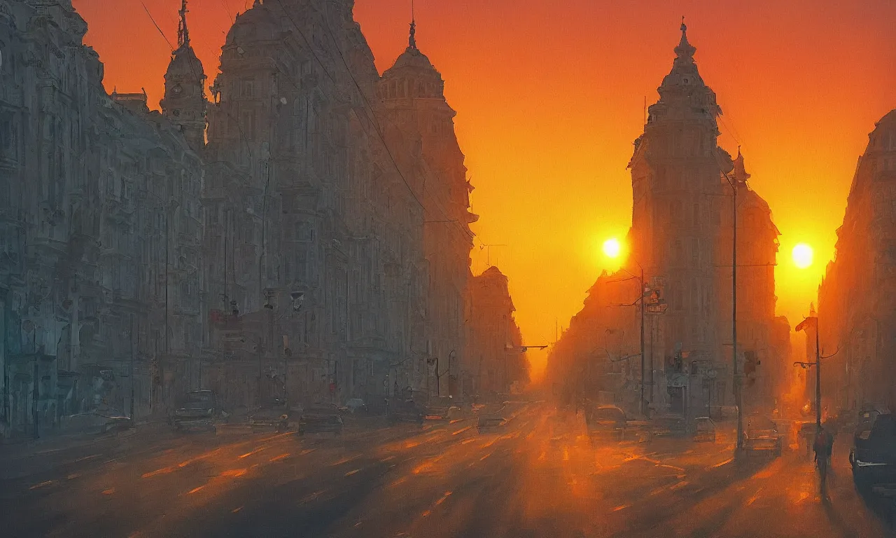 Prompt: bucharest streets sunset by Anato Finnstark