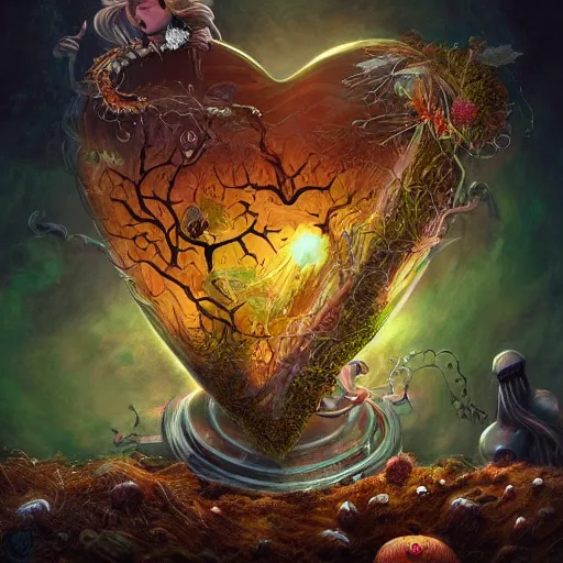 Image similar to Hell and heaven, captured in bottles, a heart full of envy, The Autumn Plague Gardener, Some cosmic angels, digital painting, its softness partakes of fluidity, illustration, deep dark, artstation, intricate, biodiversity in a world of change and constancy, ue5, by deiv calviz and bossmonsterbani