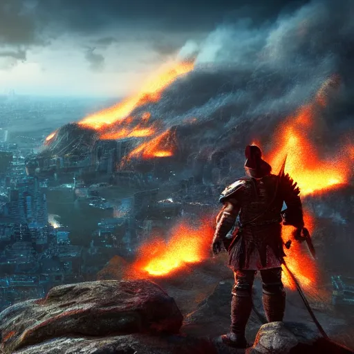 Image similar to warlord standing over a cliff with a city burning behind unreal 4k, digital art,