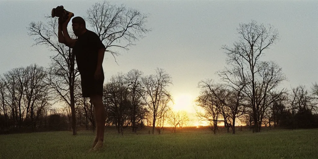 Image similar to a man sized frog person watching the sunset on his Ohio farm by Nan Goldin