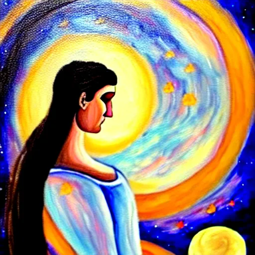 Image similar to beautiful ancient greek girl dreaming of galaxies, painting