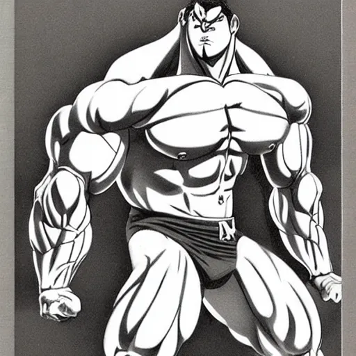 Image similar to a large muscular and beefy man, posed flexing his muscles. tan skin, manga illustration, 2 0 0 7