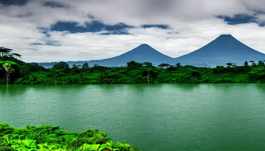 Image similar to a beautiful green scene, guatemalan lake full of water, volcano in background, high definition, beautiful award winning photography, 8 k.