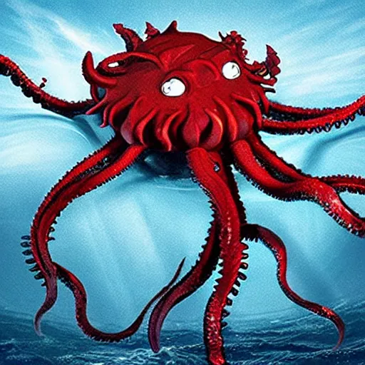 Image similar to a demonic kraken with glowing red eyes eating a battle ship