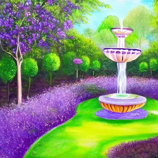 Image similar to tranquil painting of purple garden with green trees and a water fountain in the middle of garden, detailed, 8k, mesmerizing