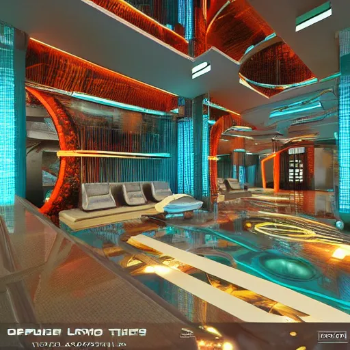 Prompt: futuristic hotel lobby, hyper detailed, digital art, trending in artstation, cinematic lighting, teal and orange