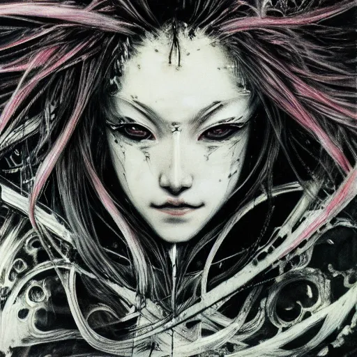 Prompt: Yoshitaka Amano realistic illustration of an anime girl with black eyes, wavy white hair fluttering in the wind and cracks on her face wearing Elden ring armour with engraving, abstract black and white patterns on the background, noisy film grain effect, highly detailed, Renaissance oil painting, weird portrait angle, blurred lost edges