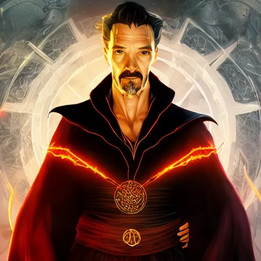 Prompt: Portrait of evil Dr Strange performing a satanic ritual, elegant, digital painting, highly detailed, fantasy, artstation, concept art, smooth, sharp focus