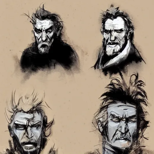 Image similar to faces reference sheet of various old - man by ashley wood and j. m. w. turner, speed painting, matte painting, monochrome