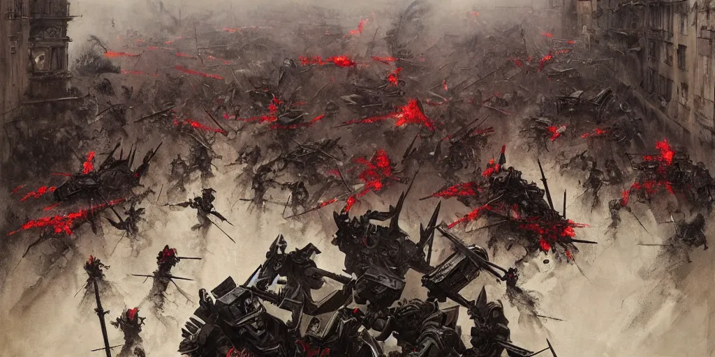 Image similar to demonic samurai robot slaughtering french soldiers and civilians in the interbellum paris, very detailed painting, concept art, intense heavy street battle, pile of bodies, a lot of blood on the streets, art by jakub rozalski