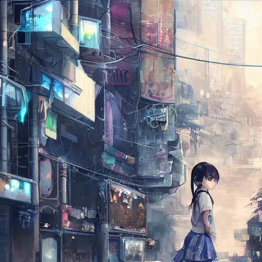 Image similar to dynamic composition, motion, ultra-detailed, incredibly detailed, a lot of details, amazing fine details and brush strokes, colorful and grayish palette, smooth, HD semirealistic anime CG concept art digital painting, watercolor oil painting of Clean and detailed post-cyberpunk sci-fi close-up schoolgirl in asian city in style of cytus and deemo, blue flame, relaxing, calm and mysterious vibes,, by a Chinese artist at ArtStation, by Huang Guangjian, Fenghua Zhong, Ruan Jia, Xin Jin and Wei Chang. Realistic artwork of a Chinese videogame, gradients, gentle an harmonic grayish colors. set in half-life 2, Matrix, GITS, Blade Runner, Neotokyo Source, Syndicate(2012), dynamic composition, beautiful with eerie vibes, very inspirational, very stylish, with gradients, surrealistic, dystopia, postapocalyptic vibes, depth of field, mist, rich cinematic atmosphere, perfect digital art, mystical journey in strange world