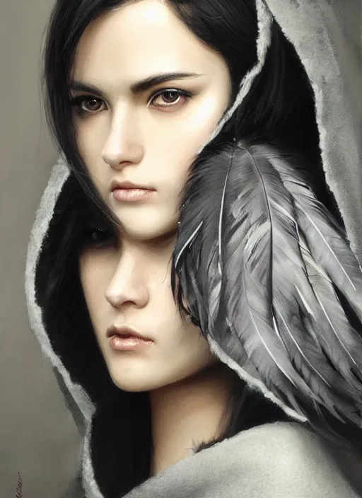 Image similar to a teenage fit girl with very short black hair and a huge cloak made of grey and black feathers. beautiful highly detailed face. beautiful painting by artgerm and greg rutkowski and raymond swanland, detailed portrait, closeup