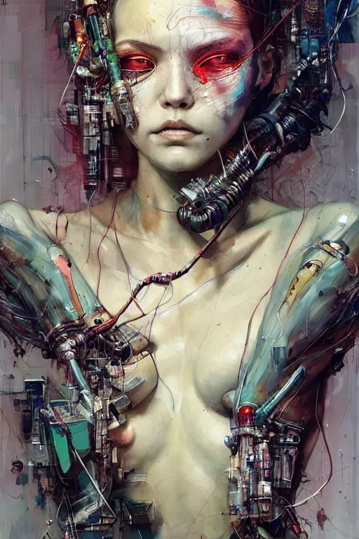 Image similar to young woman cyberpunk dream thief, wires cybernetic implants, in the style of adrian ghenie, esao andrews, jenny saville,, surrealism, dark art by james jean, takato yamamoto. intricate, very detailed, high quality