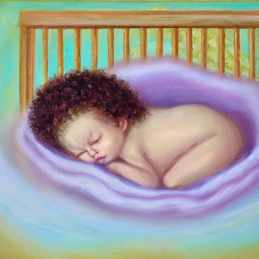 Image similar to a small curly headed child sleeping in a crib, beautiful painting, pastel colors, oil on canvas