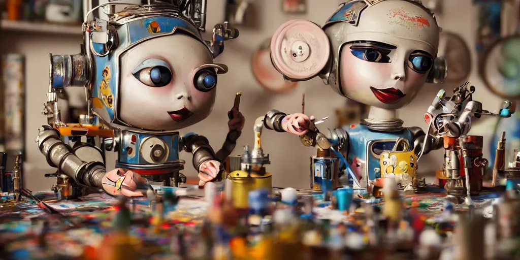 Prompt: closeup portrait of tin toy retro robot painter mixing gouache in an artist workshop, depth of field, zeiss lens, detailed, centered, fashion photoshoot, by nicoletta ceccoli, mark ryden, lostfish, breathtaking, 8 k resolution, extremely detailed, beautiful, establishing shot, artistic, hyperrealistic, octane render