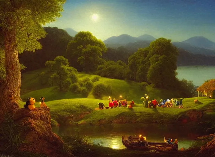 Image similar to american realist romanticism landscape painting of winnie the pooh characters at night, night time, colorful paper lanterns, in the style of hudson river school and thomas cole and albert bierstadt and robert duncanson