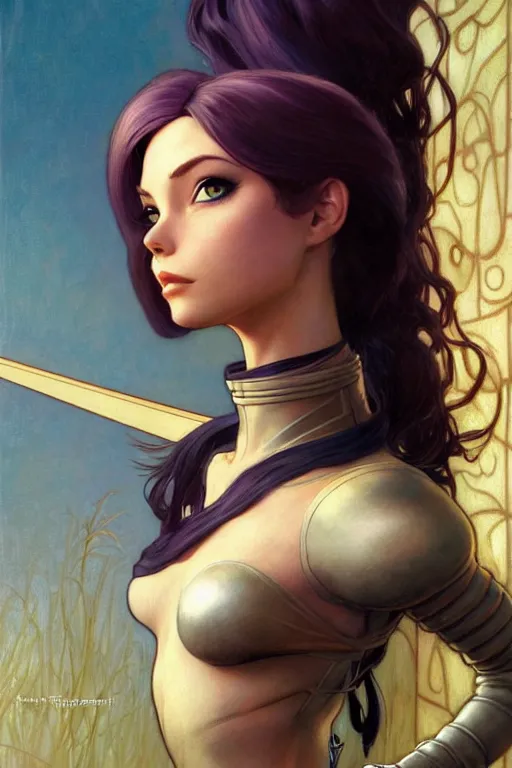 Image similar to warrior Rapunzel as aeon flux profile picture by Margaret Keane, dynamic pose, intricate, futuristic, fantasy, elegant, by Stanley Artgerm Lau, greg rutkowski, thomas kindkade, alphonse mucha, loish, norman Rockwell,