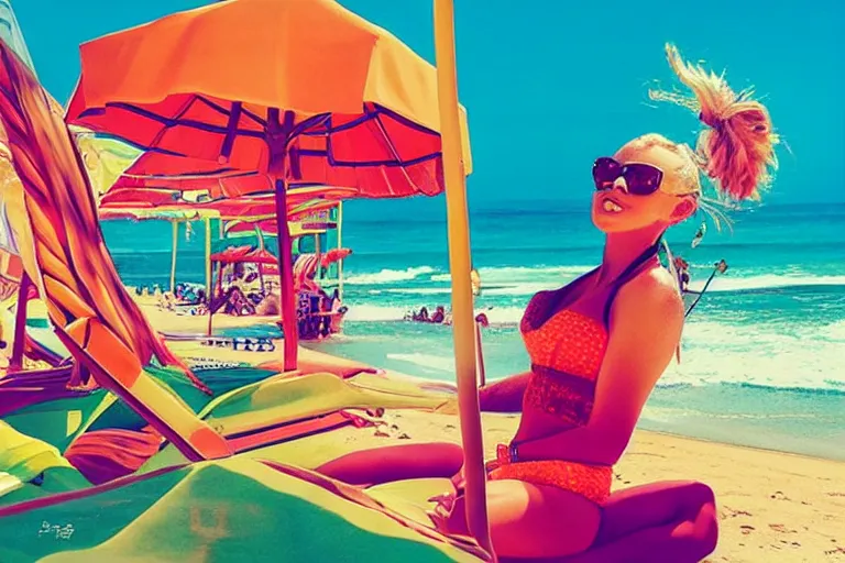 Prompt: “Young blond woman on holiday in Colombia. Beach. Hotel. In the style of retro advertising. Colorful. Detailed.”