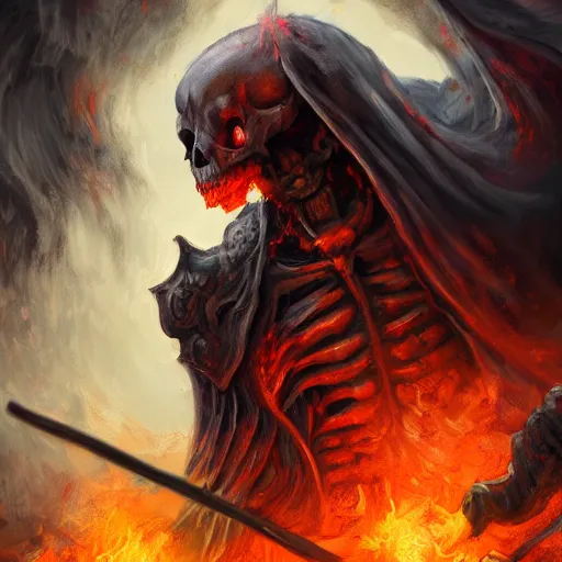 Prompt: a cloaked skeleton demon holding a spear watching a house on fire, firestorm, highly detailed digital art, oil on canvas, trending on Artstation, award-winning